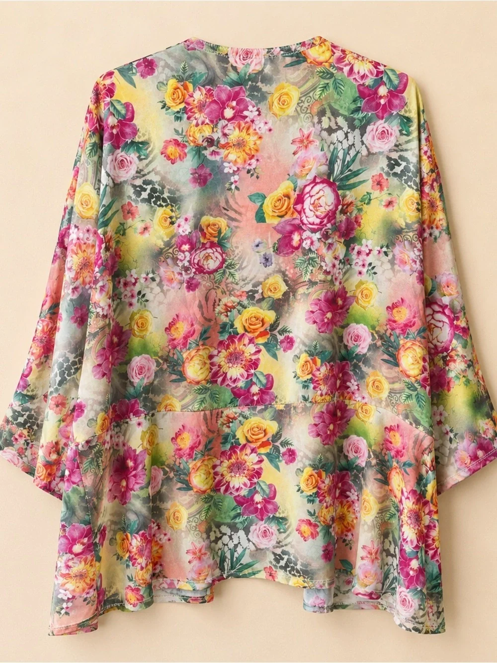 Pink Yellow Roses Flounce Kimono Jacket Robe | Romantic Boho EUC M/L OS? #1479